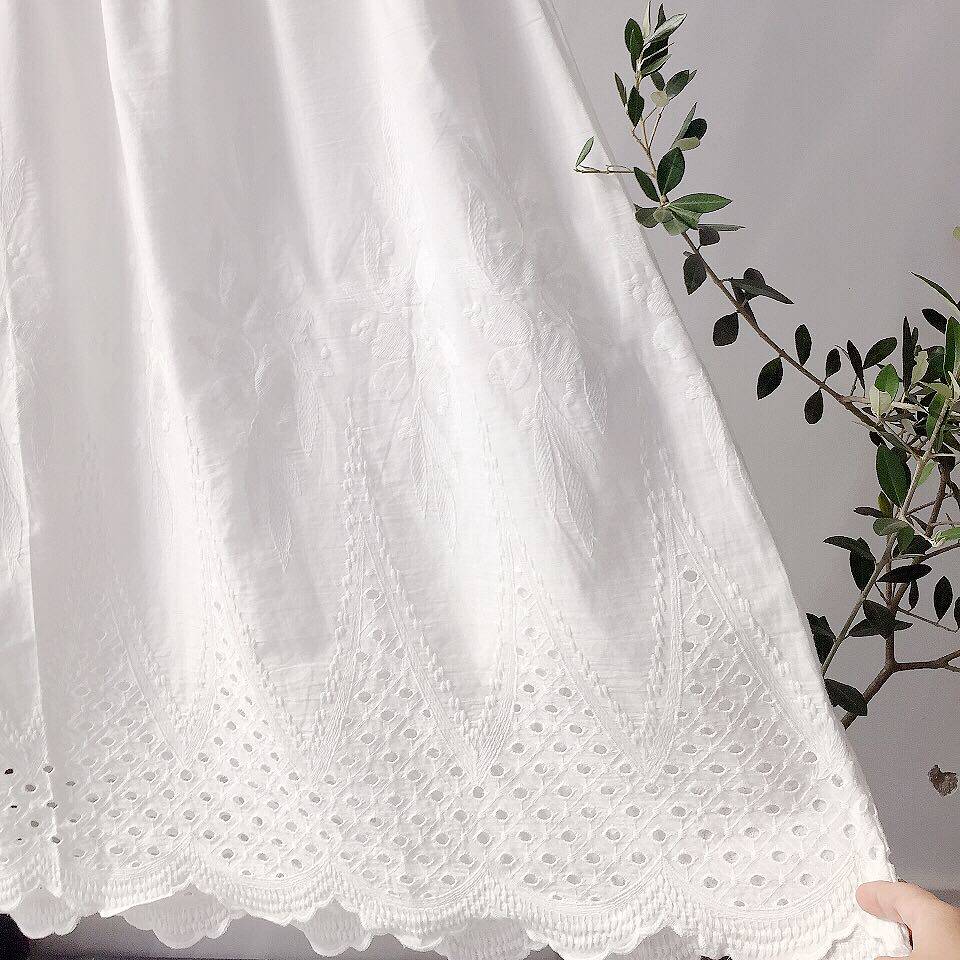 Art Fan Reguson Department Loose Pure Cotton White Embroidered Lace with long harness foreign dress Bottom Lining Skirt Woman