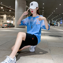 Shorts casual sports suit womens summer 2021 new Korean fashion wave loose Western style short-sleeved two-piece set student