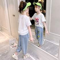 Girls summer suit 2021 new childrens foreign style net red childrens short-sleeved denim casual sports two-piece set