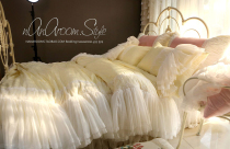 Korea imported light pink yellow exquisite lace embroidery Dream lotus leaf yarn Princess wedding four-piece bedding