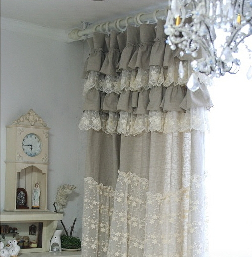 South Korean imports grey cotton numb lace lace with lotus leaf side dreamy small flowers beige yarn Korean style curtains-Taobao