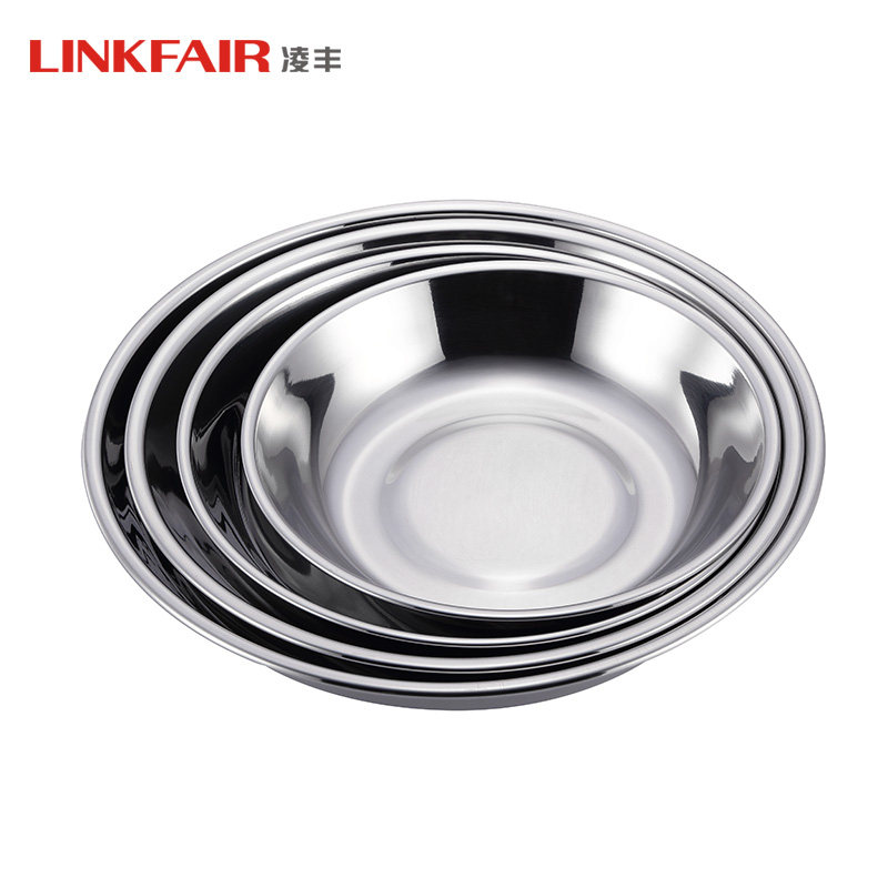 Lingfeng 304 stainless steel basin round dish round plate flat plate dish tableware round household thick bright mirror