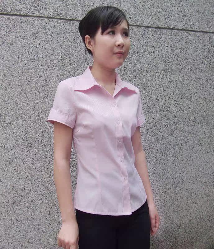 Розовая рубашка, V-образный вырез, облегающий крой, в корейском стиле, короткий рукав 