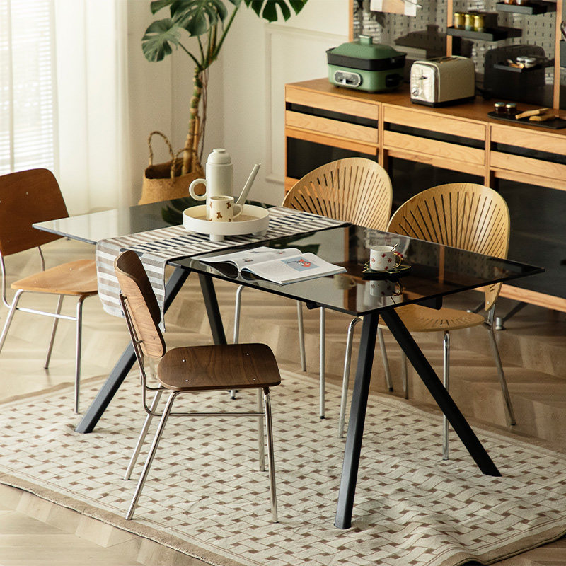 Dining table rectangular tempered glass countertop dining room minimalist black transparent table light luxury metal desk home