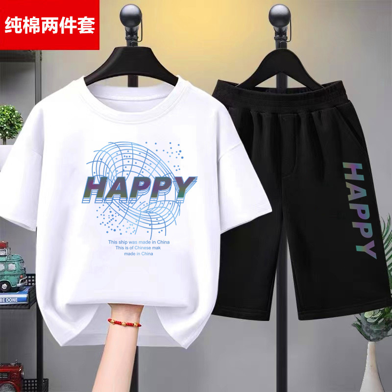 <!--男童套装夏季新款中大童纯棉薄款短袖半袖夏装洋气儿童装运动短裤-->