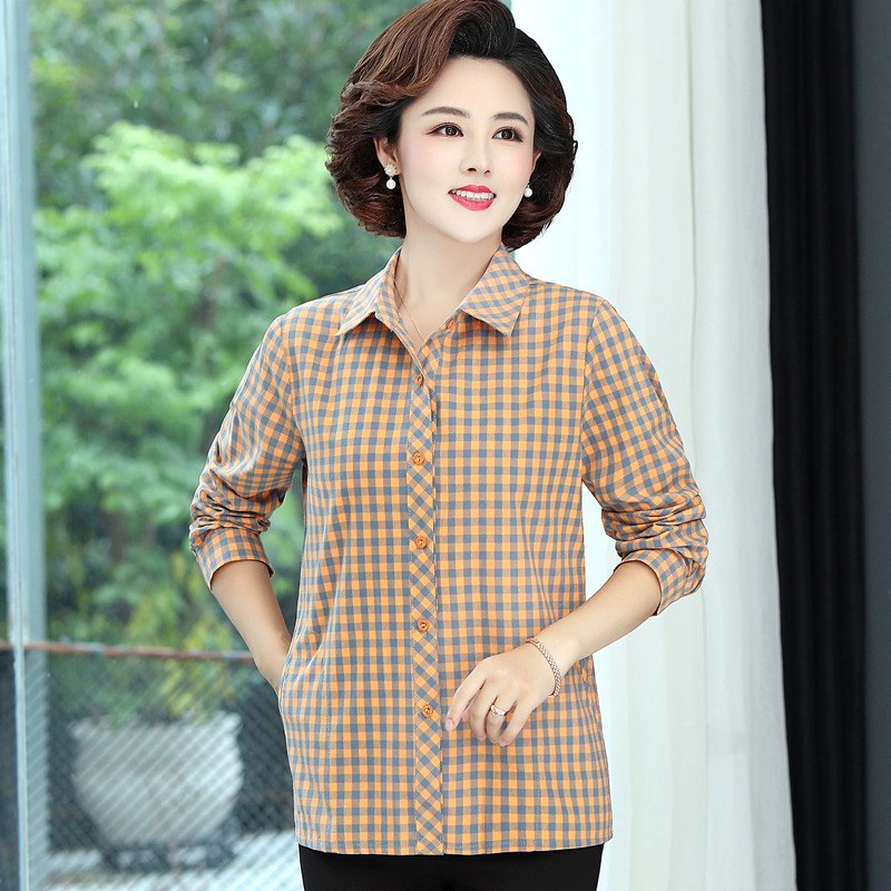 Mid-aged women's dress checkered bottom shirt woman T-shirt Long sleeve Spring dress foreign mother dress Large size Size Middle-aged Loose