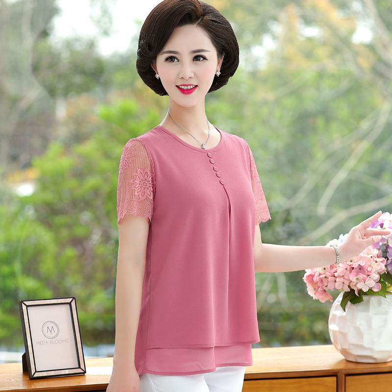 Middle Aged Women's Clothing T-shirt Snowspun Short Sleeve Middle-aged Mom Loaded Blouse Large Size Summer Dress Easy Fashion Foreign Women