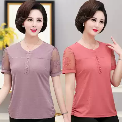 Middle-aged women's fat mother clothes middle-aged T-shirt short-sleeved top plus size suit summer loose foreign pie