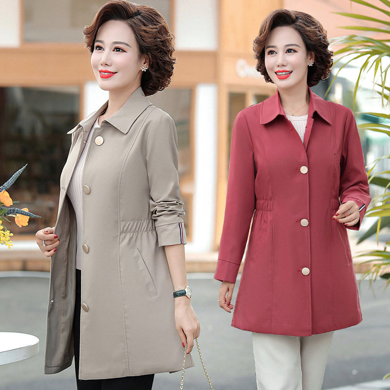 Middle Aged Mom Dress Jacket With Long Version Wind Coat Jacket Middle-aged Women Dress Loose Large Size Fashion Autumn Dress Foreign Pie