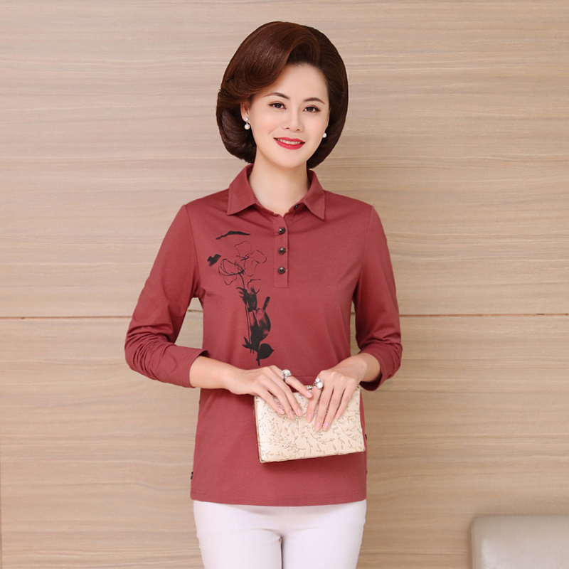 Middle-aged women's loose large size shirt base shirt Casual fat mother outfit Middle-aged long-sleeved T-shirt autumn 2021