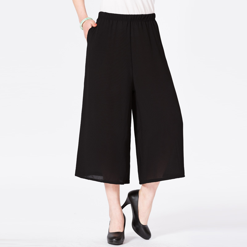 Mid-aged women's dress Summer fit 7 Pants Loose large size casual pants tightness waist middle-aged wide-leg pants skirt pants-Taobao