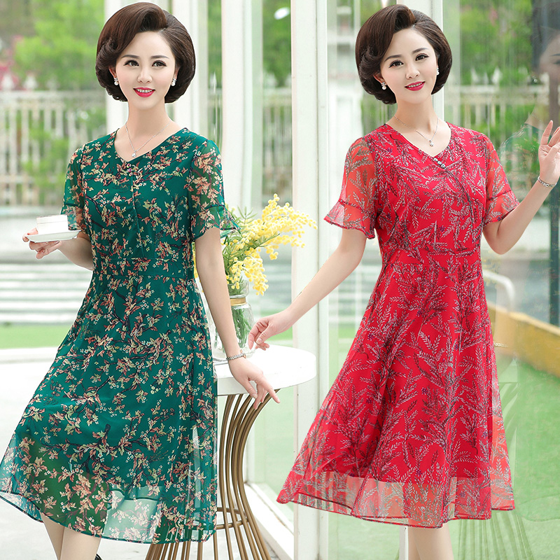 Middle-aged women's clothing medium-long summer dress knee-length short-sleeved middle-aged fat mother dress loose fat plus size