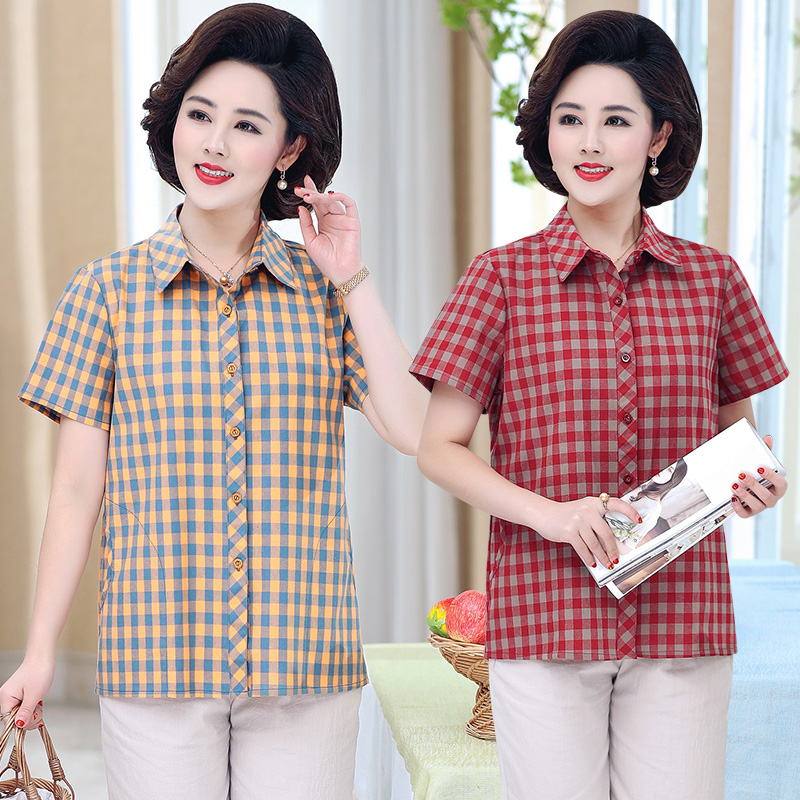 Middle aged women's dress checkered shirt T-shirt short sleeve blouse loose large size middle-aged mom loaded with summer dress Women's foreign pie