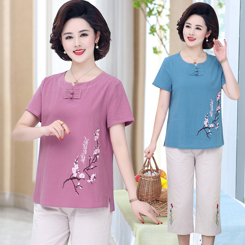 Middle aged women's dress cotton linen short sleeve suit Two suit pants 7 Pants Middle Aged Mom Loaded Loose Large Size Summer Dress