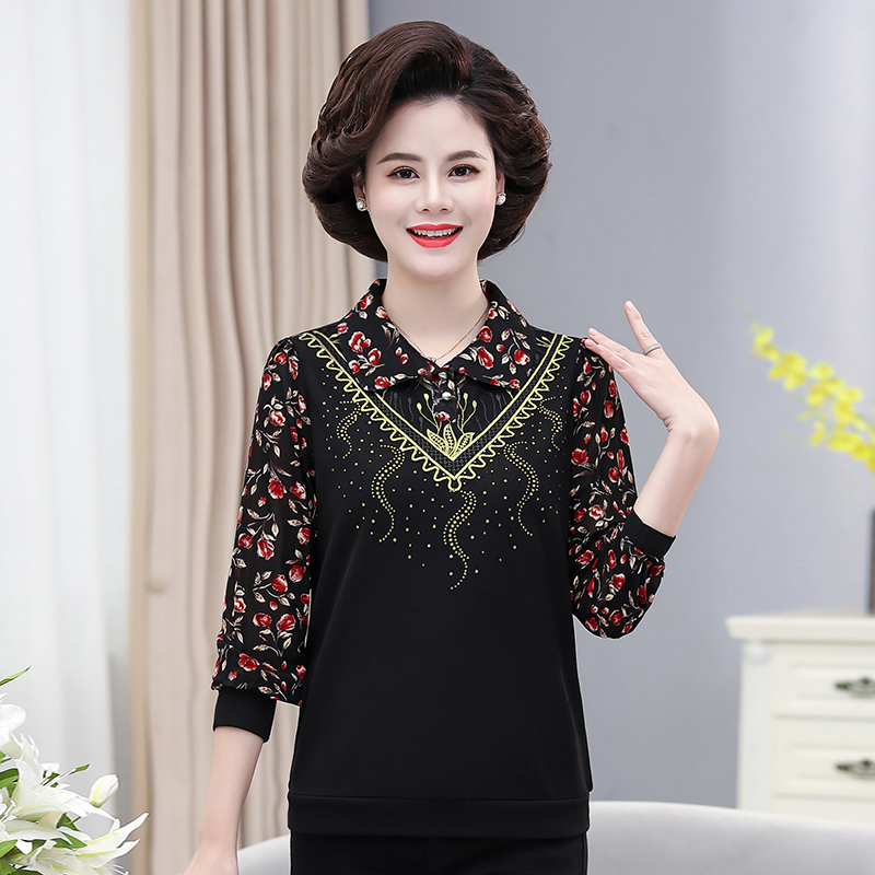 Middle-aged women's clothing T-shirt bottom shirt collar Spring loaded with loose large size for middle-aged moms dress 2022 new