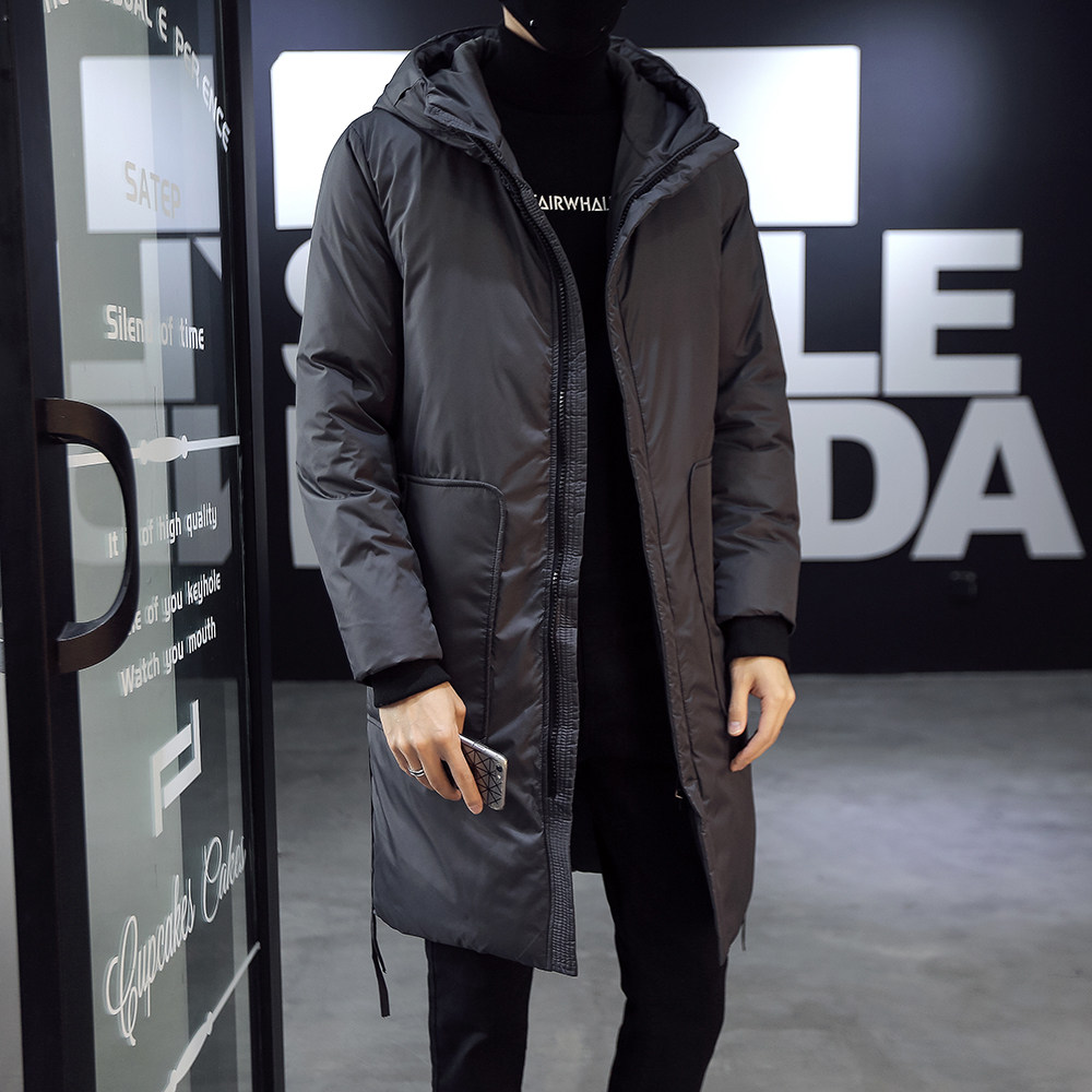 Winter jacket men's mid-length version with cap thickened warm cotton clothes youth handsome with kneecap cotton suit new trendy jacket