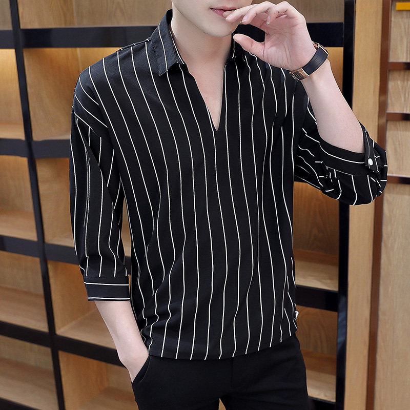 Summer short sleeve T-shirt male new vertical stripe turtlenecks personality breathable T-Shirt Young students 70% sleeve blouses