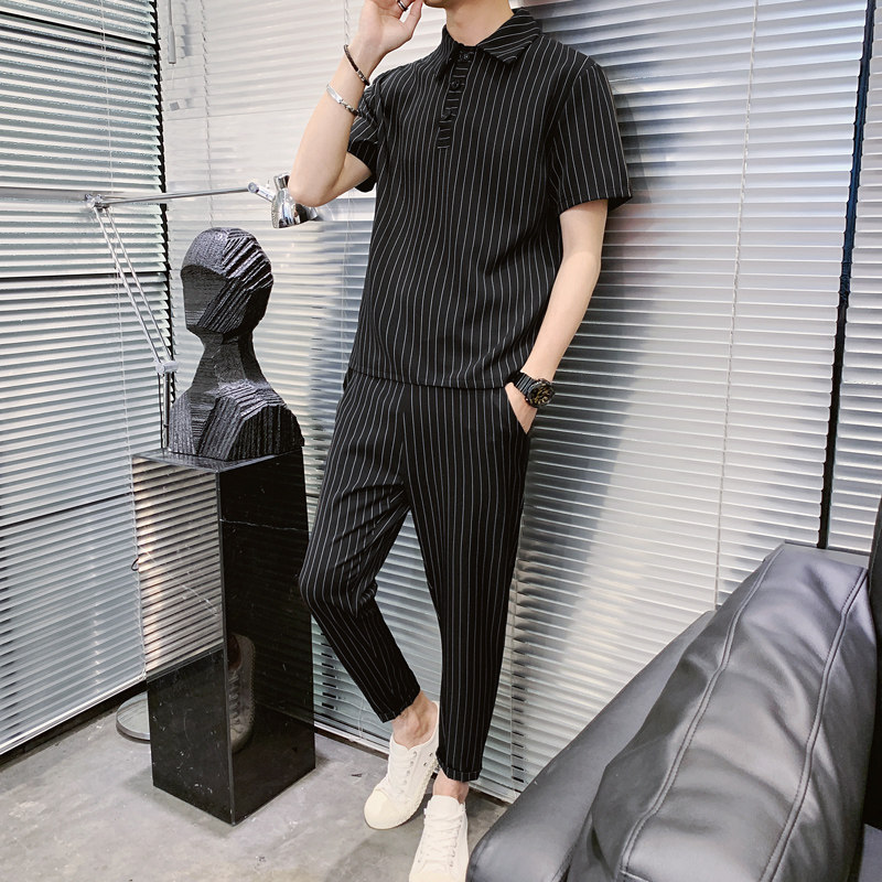 short sleeve male vertical stripe 90% pants set with a youth handsome gas mesh red POLO shirt casual summer men's two