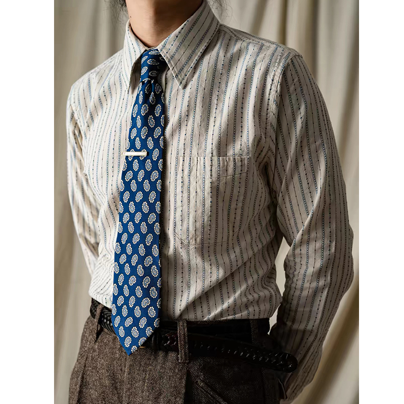 Pure White Pearl Chain Jacquard Striped Ivy Long-Sleeve Shirt for Men, Autumn Season, All-Cotton, American Retro Old Money Style Shirt Pure White Pearl Chain Jacquard Striped Ivy Long-Sleeve Shirt for Men, Autumn Season, All-Cotton, American Retro Old Money Style Shirt