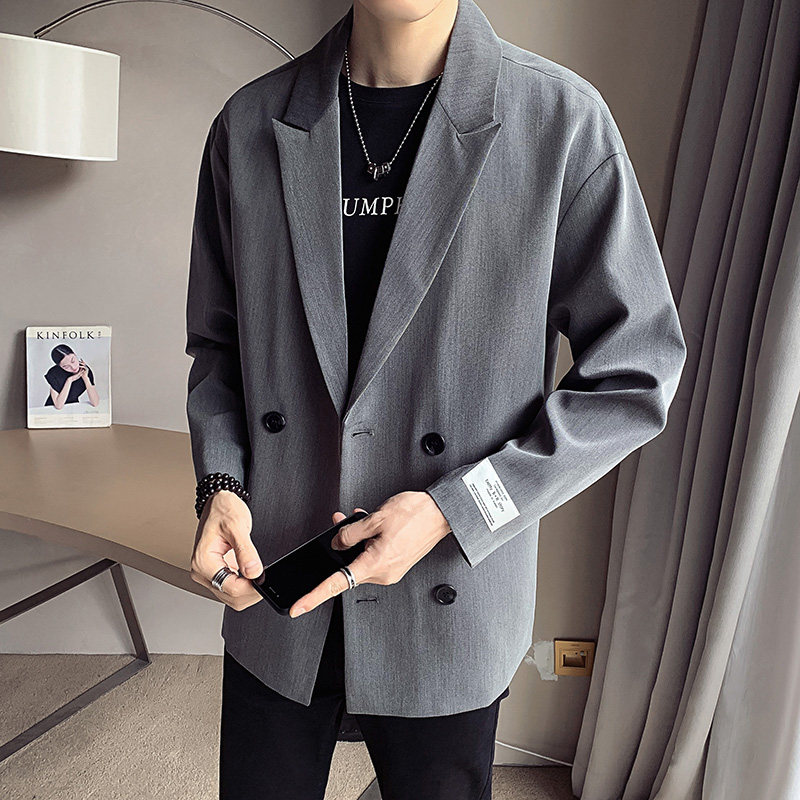 Jacket men's spring double-row button wind clothes youth suit collar Inn wind jacket pure color business casual men's clothing