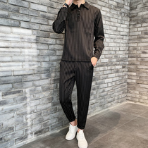 Autumn casual suit men Korean striped long pants small feet trend long sleeve T-shirt set of young ruffian handsome top