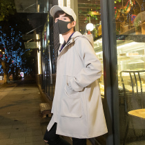 Long windbreaker mens autumn Korean version of loose hooded jacket youth students windproof jacket temperament mens clothing