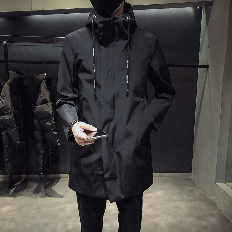 2021 Spring autumn new wind clothes Men's Korean version of pure color Lianhood in long version jacket Youth manicure jacket with great coat of clothing