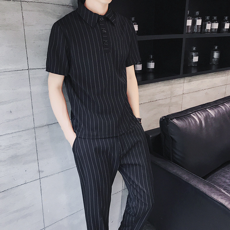 Summer casual suit men's Korean version of striped pants small foot trend short sleeve T-shirt set of young ruffian handsome jacket