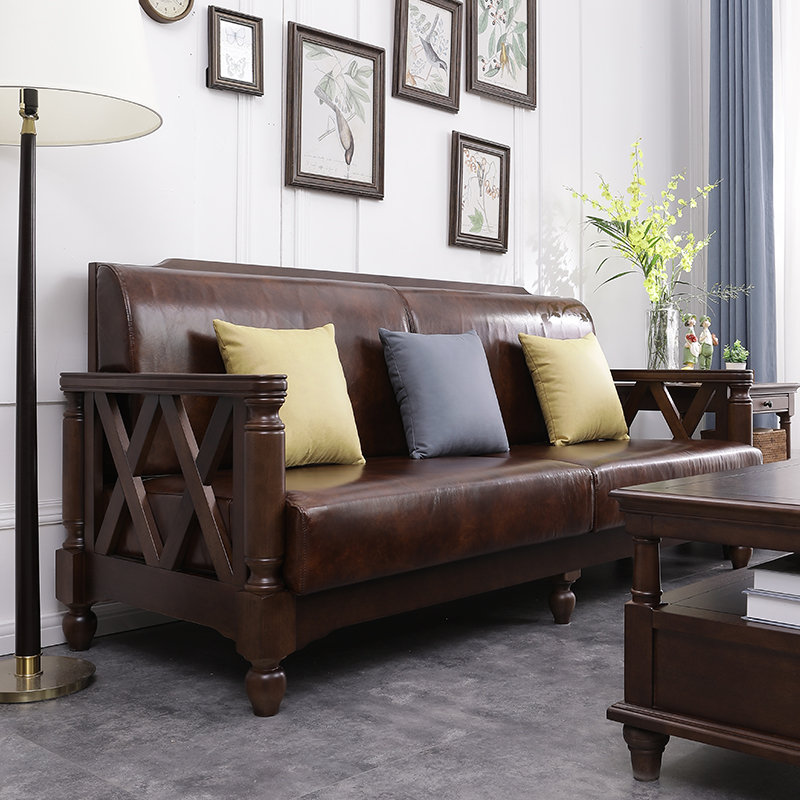 American Solid Wood Sofa Genuine Leather Head Layer Cow Leather Soft Bag American Countryside Retro Living Room Sofa 123 Composition