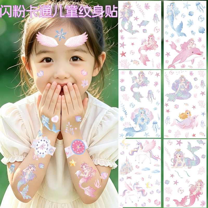 Mermaid Princess Children's Tattoo Stickers, Non-Toxic, Washable, Waterproof, Long-Lasting, for Kids, Girls, Students, Arms, Legs, Wrists, Watches, Small Patterns, Forehead, Colorful, Eyebrow Area, Favorite Transfer Stickers for Little Girls