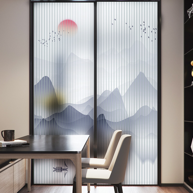 Chinese landscape balcony window glass sticker window floral appliquete opaque electrostatic frosted adhesive film shading window sticker