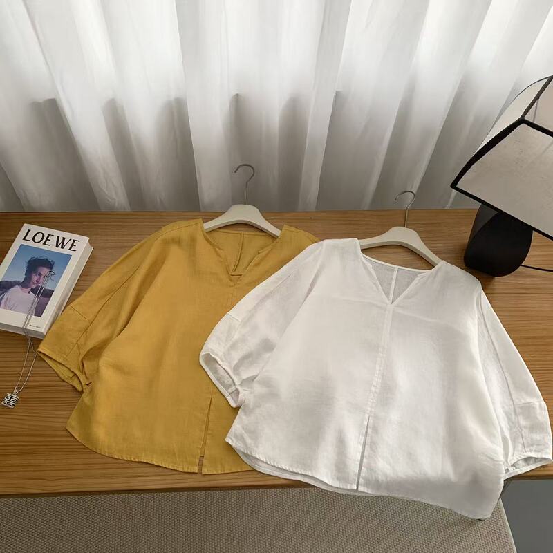 Simple and Luxurious 2026 Summer 100% Linen Solid Color Simple Three-Quarter Sleeve V-Neck Loose Shirt for Women 15761 Simple and Luxurious 2026 Summer 100% Linen Solid Color Simple Three-Quarter Sleeve V-Neck Loose Shirt for Women 15761