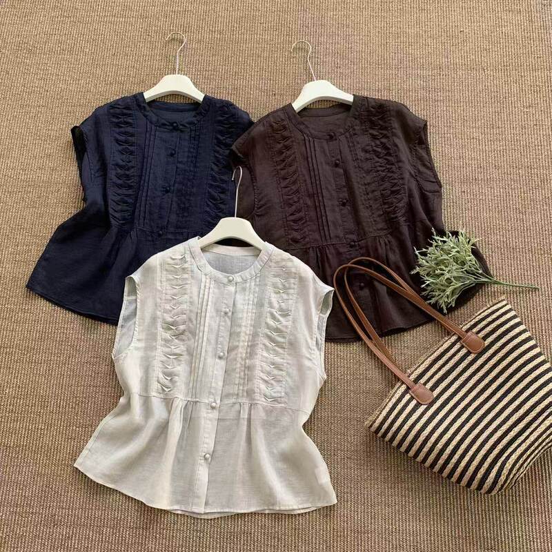 Seasonal Clearance 2026 Summer Pleated Design Elegant Ramie+Tencel Flutter Sleeve Shirt Top 15695
