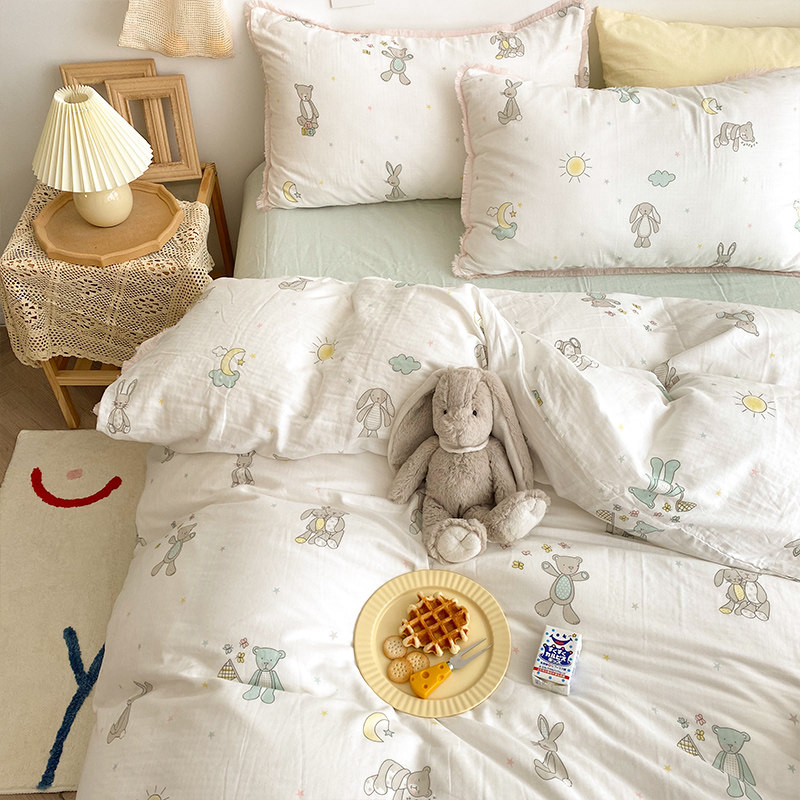 Soft and breathable cotton garden plants and flowers one-piece bed sheets, leaves, cartoon rabbits, cotton double-layer gauze