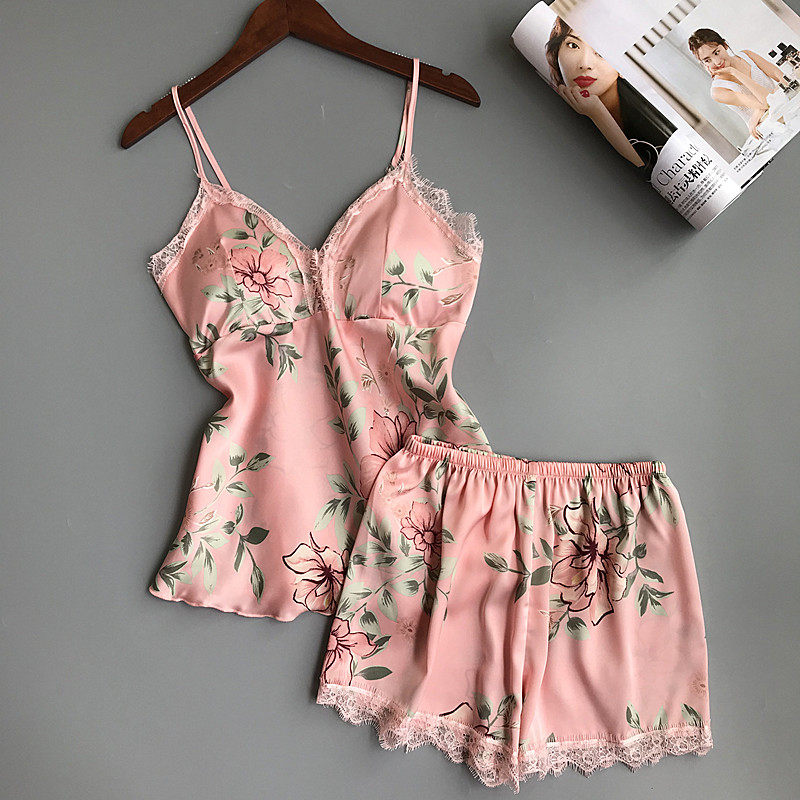 Japanese suspender pajamas two-piece thin ice silk print backless sexy suspender shorts home service women's summer