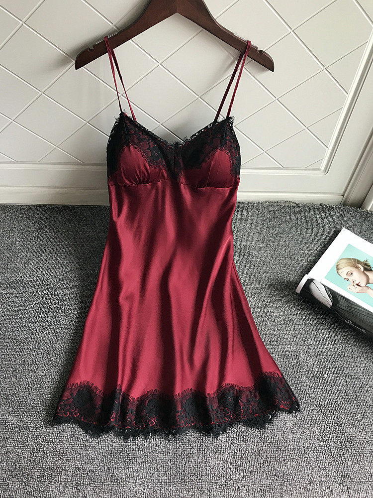 Japanese suspender pajamas women's summer thin lace sexy belt chest pad ice silk ladies small breast wine red nightdress