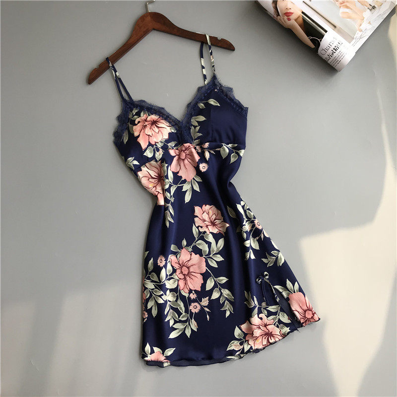 Japanese Pyjamas Women's Summer Sleeping Dress With Chest Cushion Ice Silk Sexy Lace Printed Silk Satin Small Chest Harness Home Conserved