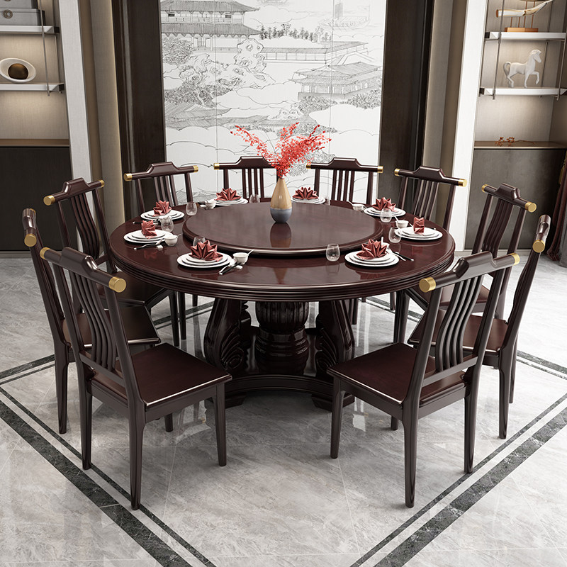 New Chinese solid wood dining table and chair combination round dining table with turntable 10 large round table round hotel dining table