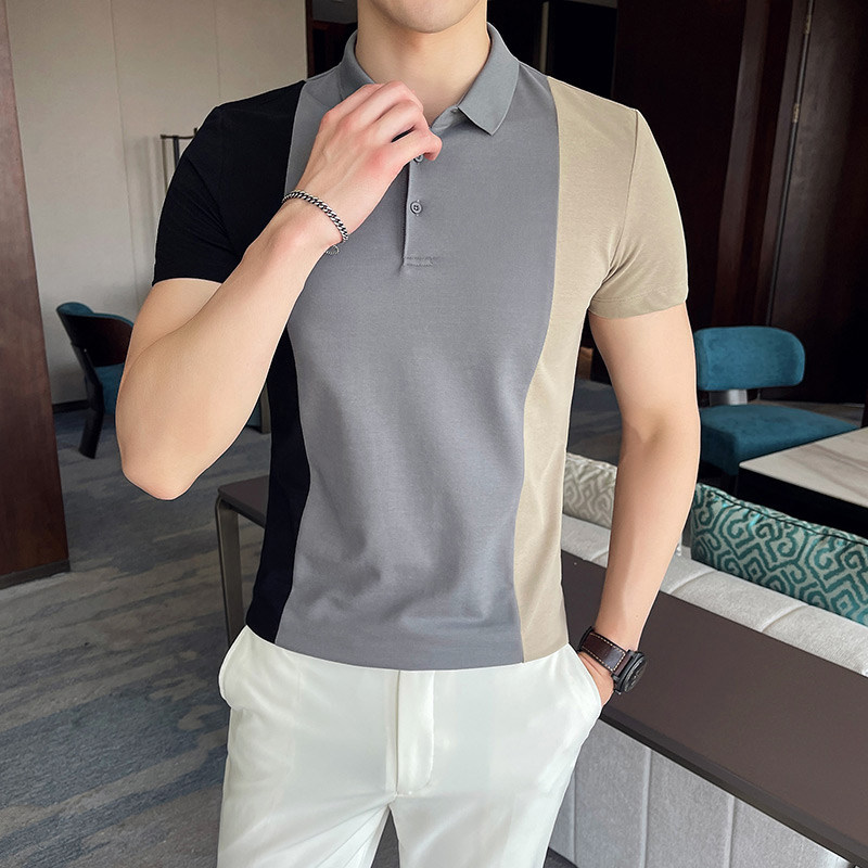Korean version of short-sleeved polo shirt men's summer slim business casual men's lapel tide brand splicing cotton top T-shirt