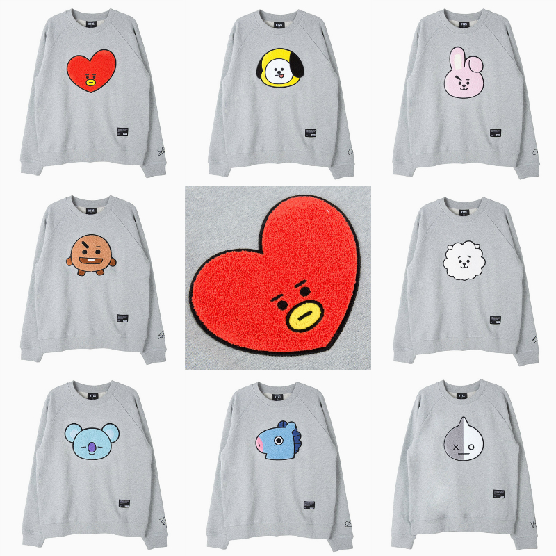 South Korea BT21 autumn/winter long sleeve T-shirt grey thick cotton T round collar plush pattern loose undershirt for men and women