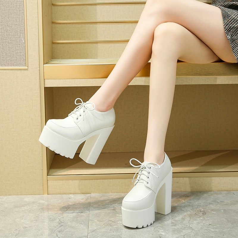 Platform Dance Runway Chunky Heel Lace-Up 15cm New 2024 Spring and Autumn Sky-High Ultra-High Heel Single Shoes Low-Top Shoes White