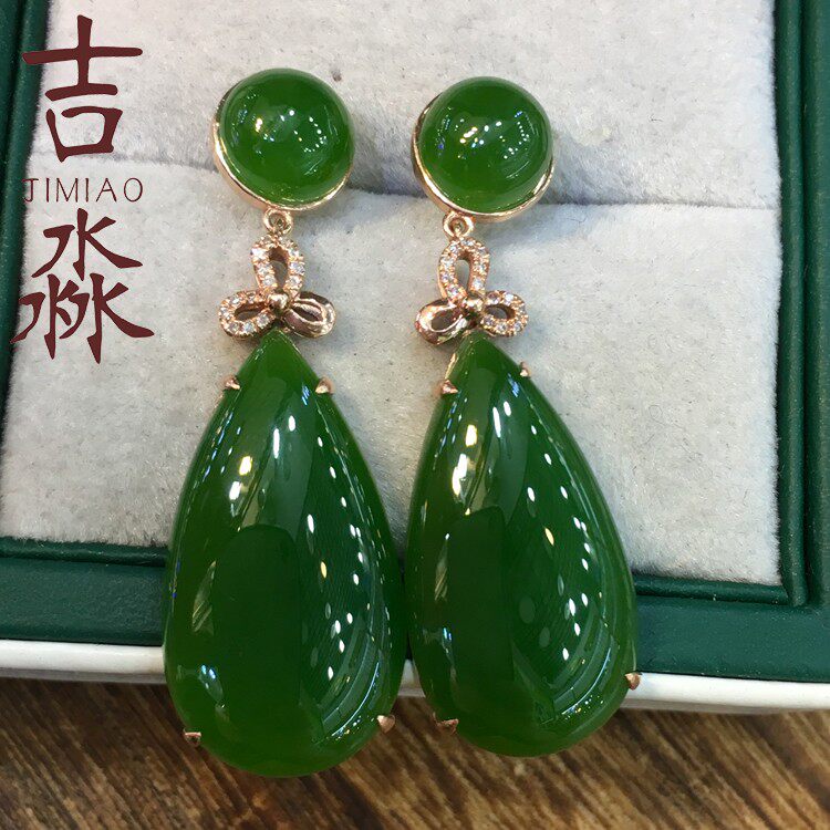 Hetian jade earrings 18K gold inlaid jade jasper earrings Female drop type round egg double drop earrings Natural jade