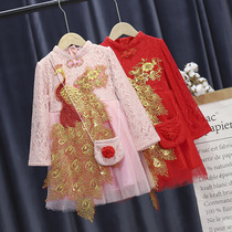 Girls red cheongsam skirt autumn and winter plus velvet children princess skirt foreign style girl Chinese style kindergarten performance clothes