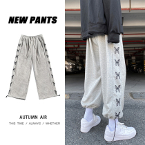 Ruffian handsome four seasons butterfly print can be tied to the foot straight pants mens Korean version of the trend wild loose wide-leg lantern pants