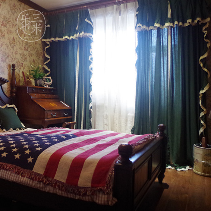 Classic American Ink Green Agaric edge cotton linen curtains Shading Bedroom Floating window Living room American Countryside Curtains Custom