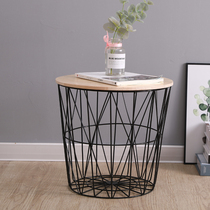 Nordic ins wind iron art side several small tea table solid wood sofa side table small round table containing basket storage basket small table