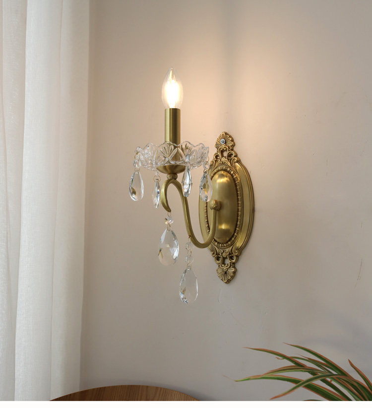 Бра 洛西可 法式复古水晶壁灯 欧式美式卧室床头客厅过道楼梯全铜壁灯