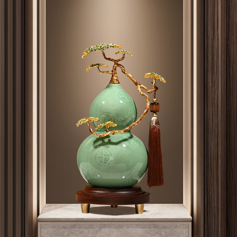 New Chinese-Style Ceramic Pine and Gourd Ornaments, Creative Living Room Wine Cabinet Entrance Hall Housewarming Decoration Gifts and Crafts