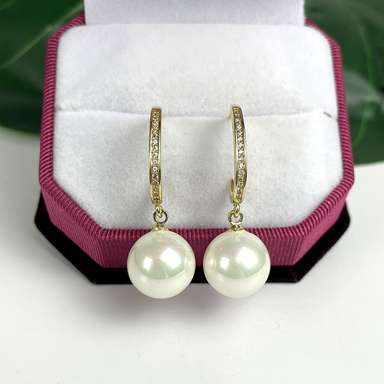 Inlaid drill C word 925 silver shell bead ear needle ear needle natural mother bay imitation pearl earbuds ear ornaments white purple