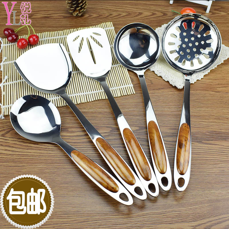 Peach wood handle thickened stainless steel shovel Kitchen full set spoon shovel Cooking spatula spoon frying spatula Colander Rice spoon